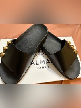 Balmain Matte Black Logo Slide Sandals
